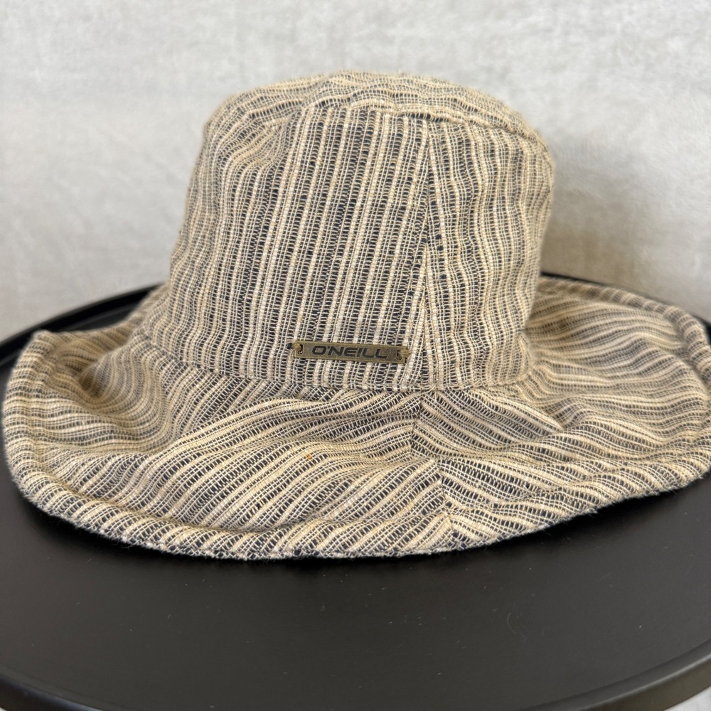 ONeill Striped Bucket Hat Beige Black Cotton Linen Blend Sun Hat surf cottage